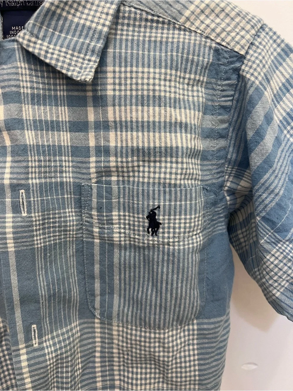 Ralph Lauren Blue and White Plaid Short-Sleeve Button-Down Shirt - Kids